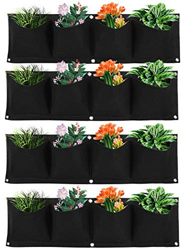 Sac de Plantation Murale 4 Poches, Lot de 4 Sacs de Culture Suspendus, Pot de Fleurs Extérieur, Sac à Plantes En Feutre Vertical Pour Jardin et Décoration Intérieure (Noir)