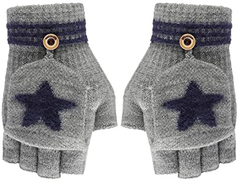 Manoplas con botón y solapa, sin dedos, para invierno, cálidas, de 3 a 9 años, para niños y niñas, Gris de estrella., Talla única