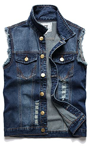 JUDIGODR Denim väst män ärmlös smal passform retro rippad vardaglig jeansväst för män, Mörkblått, L