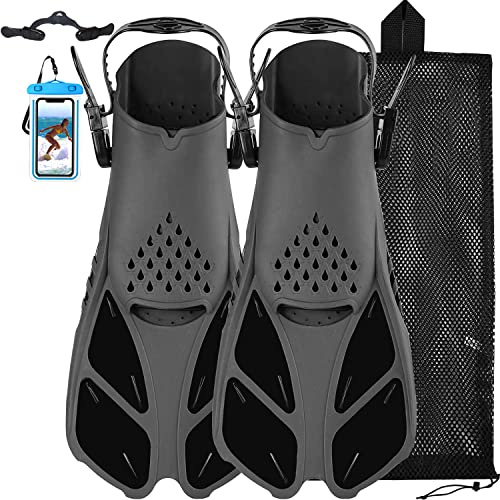 Snorkel Fins, Happyouth Swim Fins Open Heel Adjustable Swim Flippers Travel Size Short Fins with Mesh Bag for Snorkeling Diving Swimming Adult Men Women Kids Swimming Flippers
