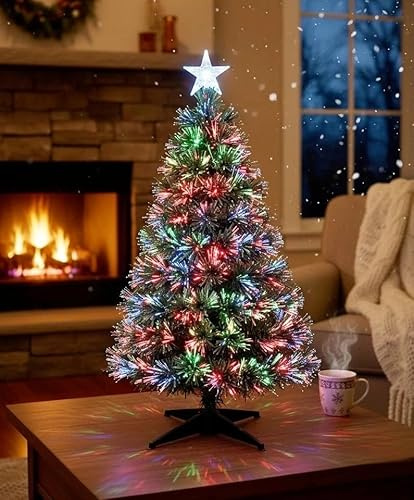 Fiber Optic Christmas Tree X-Mas Tree Color Changing Pre-Lit Light PVC Artificial Tree Top Star Metal Stand Free Standing Indoor Xmas Decoration Multicolored Tree (60 Cm)