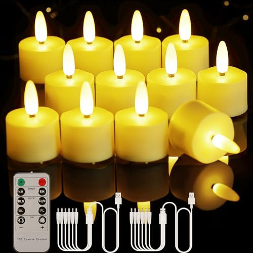 BOWKA Wiederaufladbare Kerzen Teelichter mit Fernbedienung 12 Stück Flammenlose Flackernde kerzen Teelich mit Timer Dimmbar für Weihnachten Party Hochzeit (3D Warmweiß)