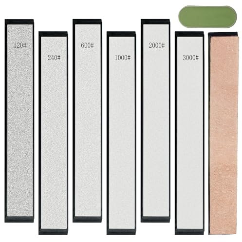 CWOVRS Kit de Pierres à Aiguiser Diamantées, 6 Pierres à Aiguiser Diamantées avec Base - 120#, 240#, 600#, 1000#, 2000#, 3000#, 1 Cuir à Affûter, 1 Pâte à Polir pour Affûteuses de Couteaux Outil