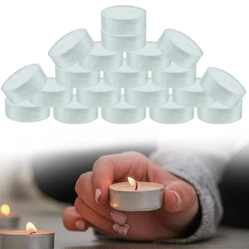 Lot de 20 bougies chauffe-plat non parfumées en cire blanche de 4 heures de combustion dans des tasses en aluminium, bougies à combustion propre et durable pour mariage, spa, méditation, décoration de