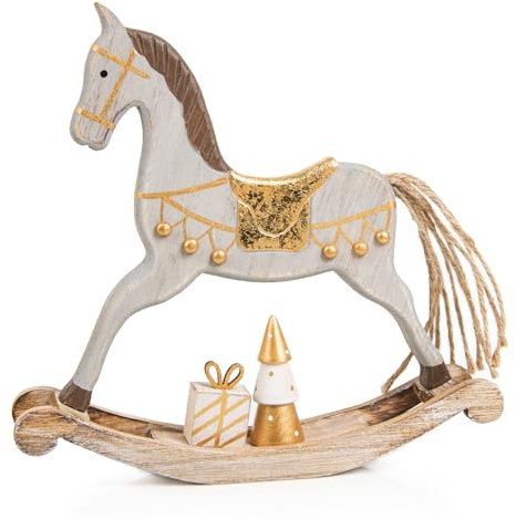 Logbuch-Verlag Schaukelpferd Pferd Weihnachten Deko Holz Figur aus Holz grau Gold Weihnachtsfigur zum Hinstellen 18 cm