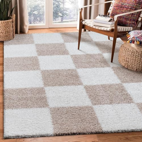 SANAT Milano Shaggy Teppich - Hochflor Teppiche für Wohnzimmer, Schlafzimmer, Küche - Beige Weiss, Größe: 140 x 200 cm