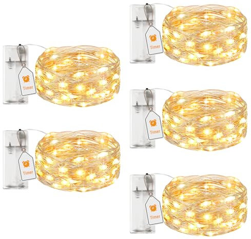 btfarm 5 Stück LED Lichterkette Batterie mit Timer, 2M 20 LED Micro Silberdraht Lichterkette Innen Batteriebetrieben für Party Weihnachten Hochzeit Halloween Innen Deko, Warmweiß