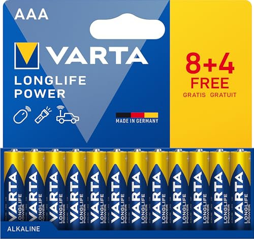 VARTA Pile AAA, 8+4 (12 pezzi), Longlife Power, Alcaline, 1,5V, ideale per giocattoli, mouse wireless, torce elettriche, imballaggio riciclato al 90%, Made in Germany