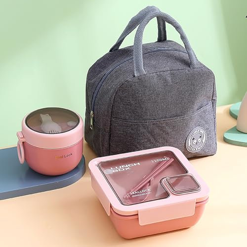 Bento Box for Adults Kids, 1100ML Bento Lunch Box with Bag and Cutlery, Microwave Safe Lunchbox, Portable Leakproof Meal Prep Container Box, Food Storage Lunchbox for Work Student School Office, Pink