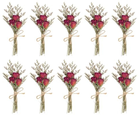 PATIKIL Mini Dried Flower Bouquet, 10 Pcs Rose Natural Wildflower with Stem Decor Baby's Breath Boho Floral Plant Flower for Crafts DIY Photo Props Gift Wedding Decor, Red