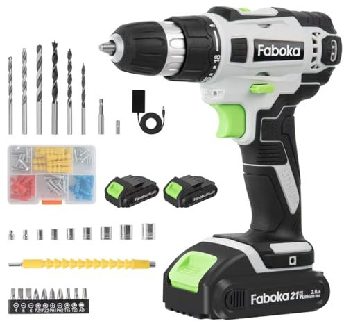 Faboka 21V Akkuschrauber, Bohrschrauber Kit mit 2 Akkus 2.0Ah, Akkuschrauber Klein Drehmoment 40Nm, 18+1 Drehmomentstufen, 10mm Bohrfutter, Variabler Speed, mit LED-Licht, Für Reparatur & DIY