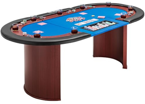 MUWO Pokertisch für 10 Spieler mit Dealerbereich und Abnehmbarer Chipablage (500 Chips), Getränkehaltern aus Edelstahl, gepolsterter Armlehne und Filzoberfläche (Blau)