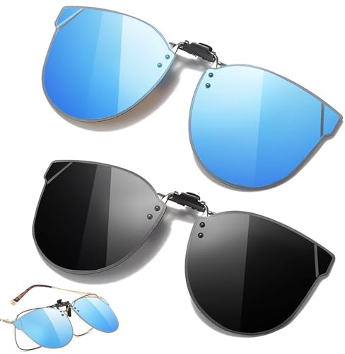Dtoterul 2 Pièces Clip Lunettes Polarisant, Clip Solaire pour Lunettes de Vue, Clip Lunettes de Soleil Polarisées UV400, Pour Hommes et Femmes(Noir, Bleu)