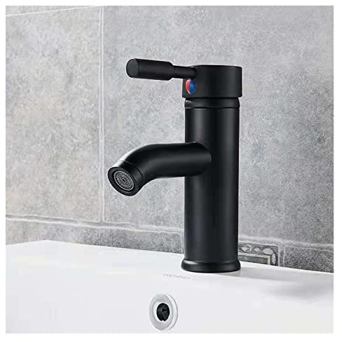 Grifo de Lavabo de baño de un Solo Orificio, Negro, de Acero Inoxidable, con Fondo de Cobre, Cuadrado, Pintura para Hornear, grifos de Agua fría y Caliente 2242k con 2 mangueras