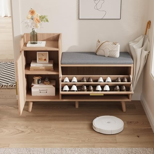 DAHUEN Scarpiera con panchina, panca per scarpe con seduta, scarpiera ribaltabile con vano portaoggetti, scarpiera per ingresso, corridoio, soggiorno o veranda (colore legno)