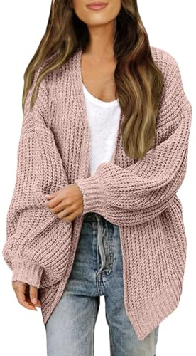 EQWIGKEIT Cardigan da donna morbido con bottoni, aperto sul davanti, elegante giacca a maglia grossa, tinta unita, oversize, maglione leggero, A3 rosa., XXL