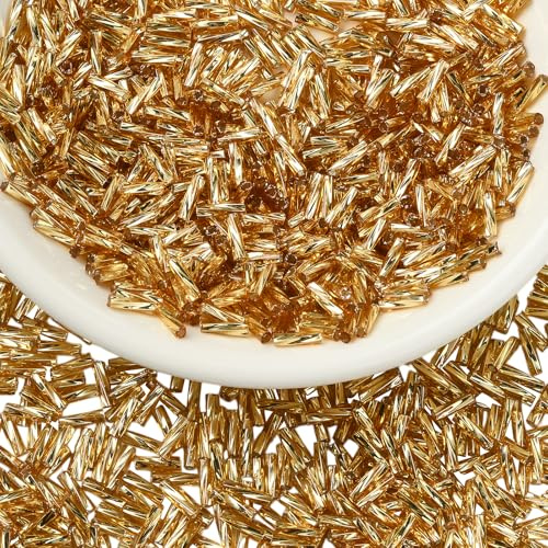 BEEFLYING 50g Glass Bugle Beads 6.5×2mm Bulk Silver Lined Seed Twist Small Long Tube Spacer Beads for Jewelry Making Necklace Bracelet Craft Sewing Embroidery Diy, Goldenrod