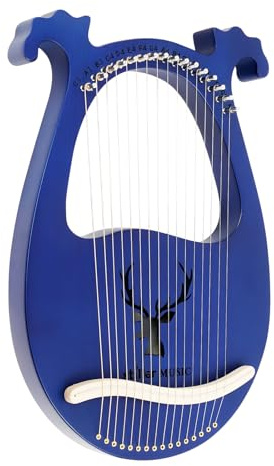 16-String Lyre Harp, Solid Mahogany Metal Strings Instrument with Antler Design, for Beginners, Adults, Musicians – Blue, Lightweight 2.93 lbs, 26 * 2.7 * 39cm