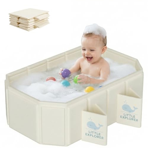 Baignoire pliable pour bébé de 0 à 6 ans avec 4 pieds de soutien, base antidérapante et deux trous de drainage, baignoire portable pour enfants pour voyage, rangement facile (blanc cassé)