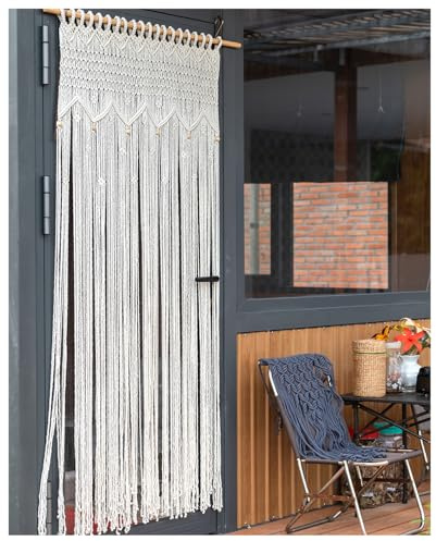Equeen Handicraft Macrame Curtain for Doorways 70x39 Inches, Boho Net Door Curtain for Bedroom Living Room, Handcrafted Bohemian Macrame Room Divider, Wedding Backdrop Decor, Beige