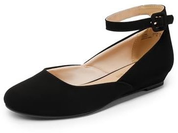 DREAM PAIRS Women's Ballet Flats Pumps Ballerina Ankle Strap Elastic Low Wedge Sandals Round Toe Comfy Dolly Shoes,Size 5,Black/Nubuck,REVONA