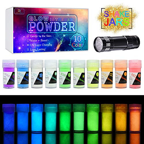 Leuchtender Epoxidharz Farbe Pigment Pulver mit UV-Lampe - 10 Farben Selbstleuchtend Im Dunkeln Epoxid UV Harz Farbpigment Leuchtpulver für Slime, Nail Art, Malen, Acrylfarbe und DIY Basteln - je 20g