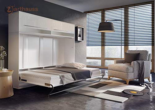 Arthauss Horizontal Wall Bed CP-04p 140cm with Over Unit in Glossy White - Space Saving Hidden Storage Cabinet - Multifunctional Hideaway for Modern Living