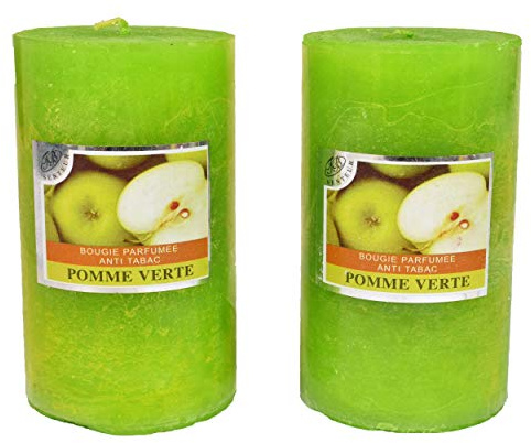 Lote de 2 velas votivas grandes perfumadas, antitabaco, candles para la decoración del interior de tu casa y para crear un ambiente Color: verde. Perfume de manzana 7 x 12 cm, duración 60 horas.