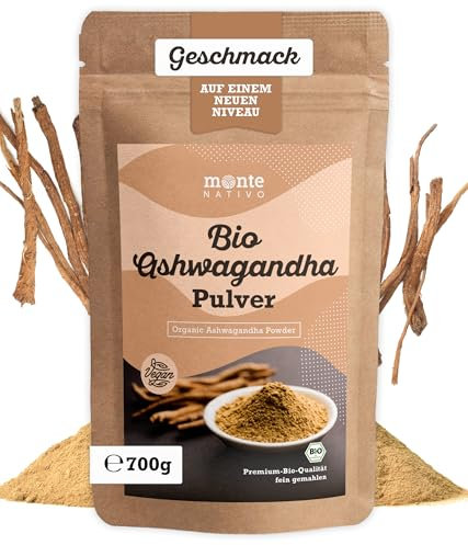 Bio Ashwagandha Pulver Monte Nativo (700g) - Ashwaganda aus Indien - Schlafbeere - Indischer Ginseng - fein gemahlene Ashwagandhawurzel - 100% naturrein - Ideal zur Zugabe in Smoothies, Säfte