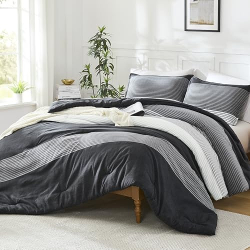 Litanika Queen Comforter Set Black White Grey - 3 Pieces Lightweight Summer Bedding Set, All Season Down Alternative Comforter (1 Comforter, 2 Pillowcases)