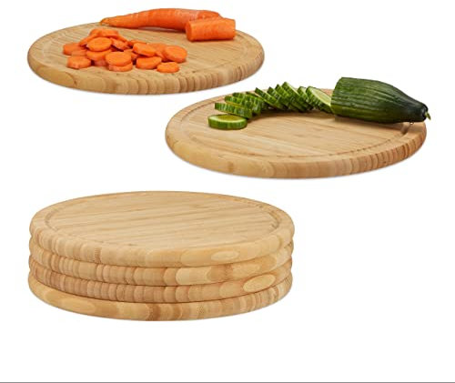 Relaxdays 6 x Frühstücksbrettchen, rund, Bambus, Ø 30 cm, Küchenbrett, pflegeleicht, natürlich, messerschonend, Brotbrett, Natur