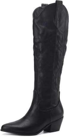 CIERWS Women's Embroidered Western Cowboy Boots Black Cowgirl Boots Medium Heel Knee High Black Cowboy Boots For Women