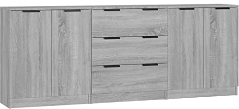 vidaXL Sideboard 3-TLG. Kommode Anrichte Schrank Beistellschrank Mehrzweckschrank Standschrank mit Schubladen Türen Grau Sonoma Eiche-Optik Holzwerkstoff