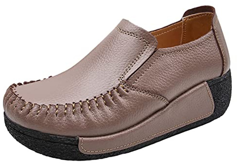 rismart Baskets Talon Compensé Femme Plateforme A Enfiler Chaussures de Ville Sneakers avec élastique Marron,40