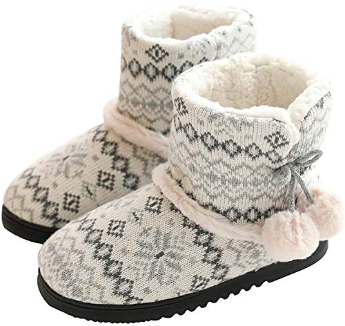 DimaiGlobal Mujer Zapatillas de casa Cálidode con Bordes del Tejido de Punto y Pompons Interior y Exterior Lana al Forro de Felpa Suela Antideslizante Zapatos Invierno Pantuflas Botines 39/40EU Gris