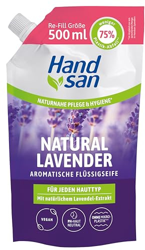 Hand san Sapone liquido lavanda naturale in sacchetto di ricarica | con olio di lavanda naturale | lavaggio delle mani e pulizia del viso | ricetta senza microplastica | pH neutro e vegano | 500 ml