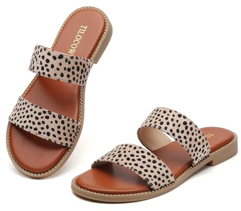 Tilocow Women's Flat Sandals with Rivets Inlaid, Slip on Flat Sandals, Two Strap Slide Shoes, Comfortable Open Toe Casual