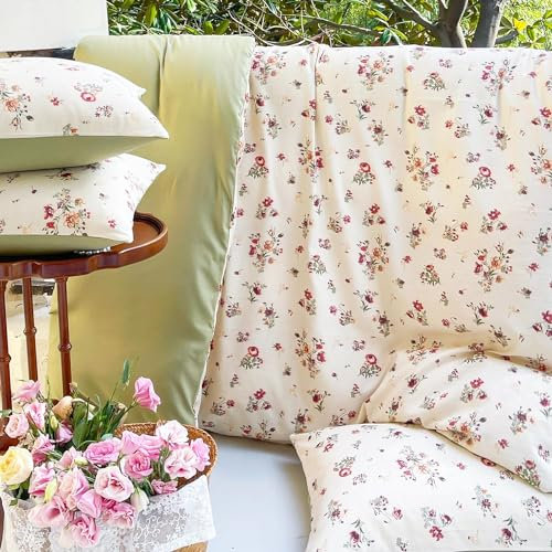 Sedefen Bettwäsche 135x200 cm Grün Beige Blätter Blumenmuster Wendebettwäsche Set aus Microfaser Vintage Bettbezug und 1 Kissenbezug 80x80cm mit Reißverschluss