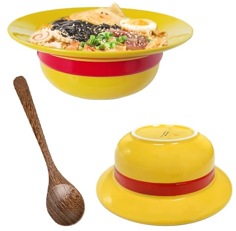 BJPERFMS Cappello di Paglia Piece Ciotole Ramen, Piece Insalatiera con Cucchiai, 500ML Ciotole Ceramica Cappello di Paglia, Luffyy Anime Gadget, per Ramen, Insalata, Muesli, Idea Regalo per Fans