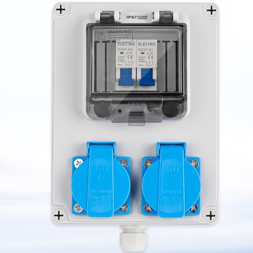 Warmfay Répartiteur de courant de chantier pré-câblé - 2 prises Schuko 230 V - Répartiteur mural avec 2 disjoncteurs 16 A 1P - Boîtier étanche IP67 pour l'intérieur et l'extérieur