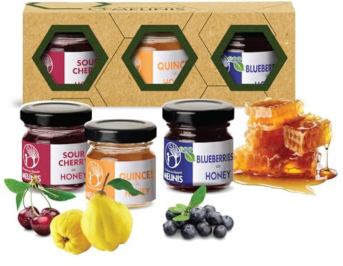 Set Degustazione Bio Creme di Miele 3x40g – Miele di Acacia con Mirtilli, Mele Cotogne Bereczki e Amarene – Spalmabili Naturali Senza Zuccheri Aggiunti, Idea Regalo Gourmet - Melinis