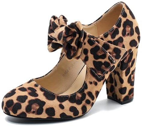 MAIERNISI JESSI Women's Bowknot Mary Jane Block Heel Round Pumps Closed Toe Dress Shoes, Leopard, 4.5 UK