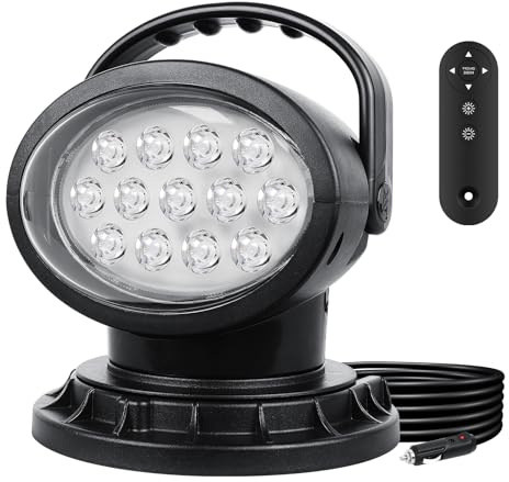 AUXTINGS 50W Remote Control LED Spotlight,360 Degree Rotating Searchlight, Portable Search Work Light with Cigarette Plug & 11 Strong Magnes for Off Road Trucks Boat Home Security Farm Field Garden
