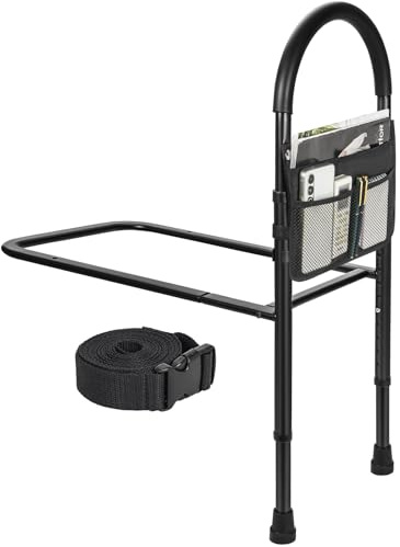 OUUTMEE Barriere de Lit Adulte Réglables en Hauteur, Barriere de Lit pour Personne Âgée, Barre Poignée de Lit avec Pochette de Rangement, Sécurité, Protection, Stabilité, Anti-Chute (Noir)
