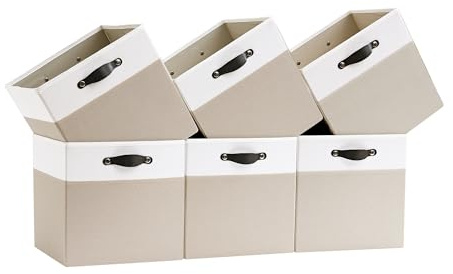 FABINADO Storage Cube | 260g/㎡ Ultra-Fine Linen Cubby Box for Shelf, Bookshelf, Closet, Wardrobe | 28cm Square Drawer Insert Basket | 6 Pack, Candlelit Beige & White, 26.5x26.5x28cm