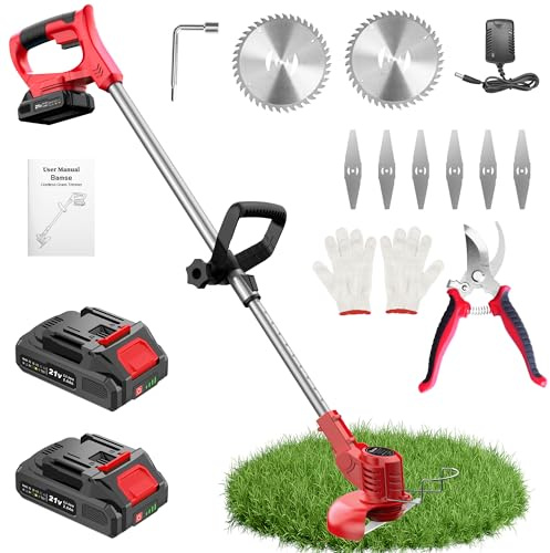 Bamse Decespugliatore a Batteria 21V, Tagliabordi a Batteria con 2 Batterie 2,0Ah, 2 Tipi di Lame Tagliaerba Elettrico, Maniglia a Scomparsa, Decespugliatore Per Taglio Di Giardini, Prati, Rosso