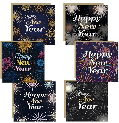 RED OCEAN Happy New Year Cards Multipack of 6 With Kraft Envelopes New Year Greetings Cards and Envelopes HNY Card For Friends Family Neighbours