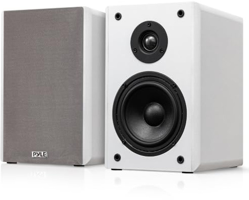 Pyle 6.5” Bookshelf Speakers, Pair of Wired Bookshelf Speakers with Wall Mount Brackets, 2-Way HiFi Home Theater with Paper Cone, Soft Dome Tweeter, Compact Design, 11.5” x 7.5” x 9.5”, White