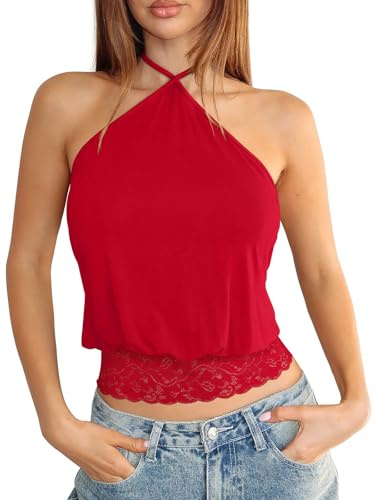 REORIA Womens Sexy Criss Cross Halter Lace Double Lined Tank Tops Trendy Fashion Summer Y2K Backless Going Out Party Clubwear Concert Outfits 2026 Camisole Tops (Red Medium)