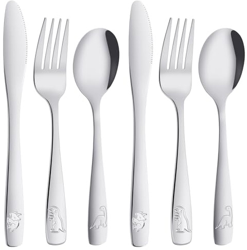 AUAUY 6 Pezzi Set di Posate in Acciaio Inox, Grazioso Set di Posate, Impostato Include 2 Forchetta, 2 Coltello da Tavola, 2 Cucchiaio (Modello di Dinosauro）